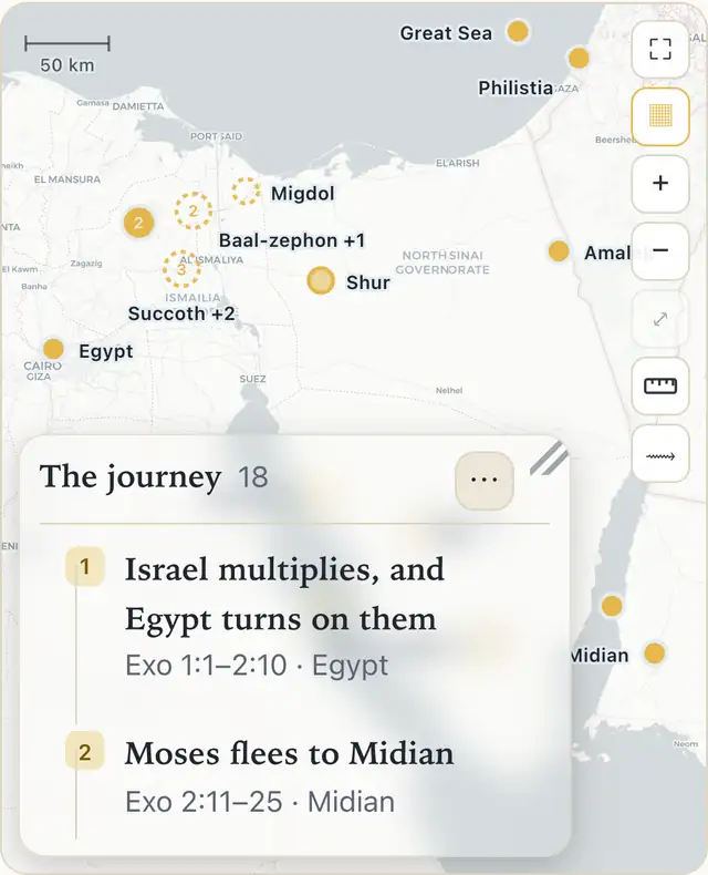 The Bible Atlas, showing pins across Exodus’s route from Egypt to Midian with the journey’s stages listed beside the map