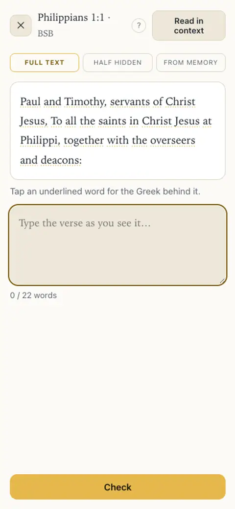 A memorization drill, recalling a passage from memory