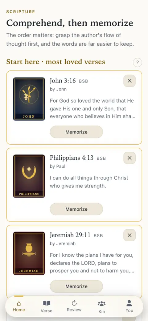 The Home tab: today’s reading plan and saved verses