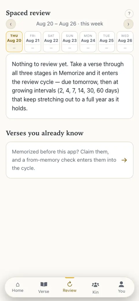 The Review tab, with verses due for spaced recall